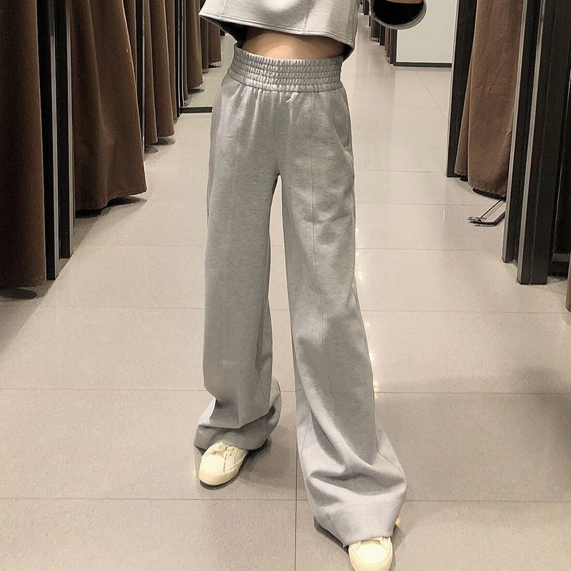 Casual Full Length Gray Pants Women Pleated Elastic High Waist Wide Leg Lady Baggy Loose Trousers Femme Pantalon 210515