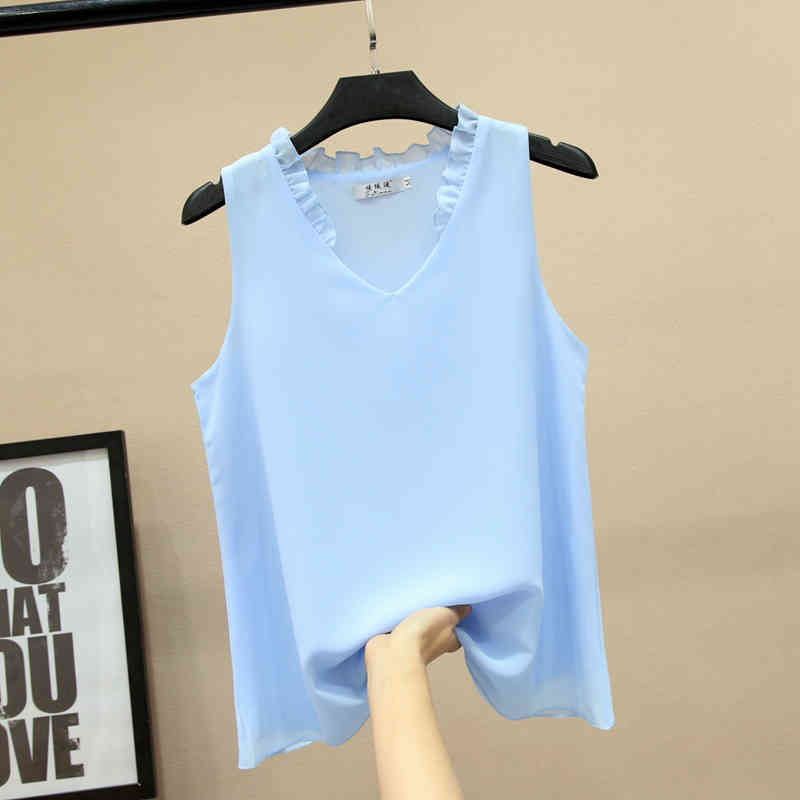 Summer Sexy Ruffle V-neck Chiffon Blouse Women Casual Solid Sleeveless Shirt Lady Plus Size Blusas Modis Tops 210519