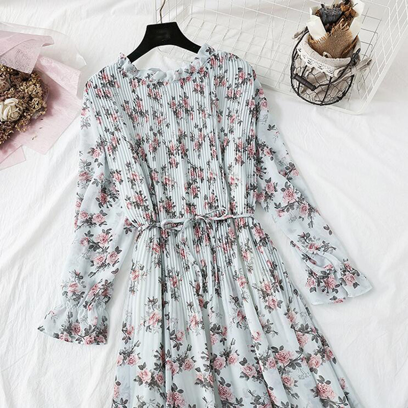 Women Long Dress Spring Autumn Vintage Floral Print Pleated Chiffon Dress Long Sleeve Loose Plus Size Dresses Vestidos 210521