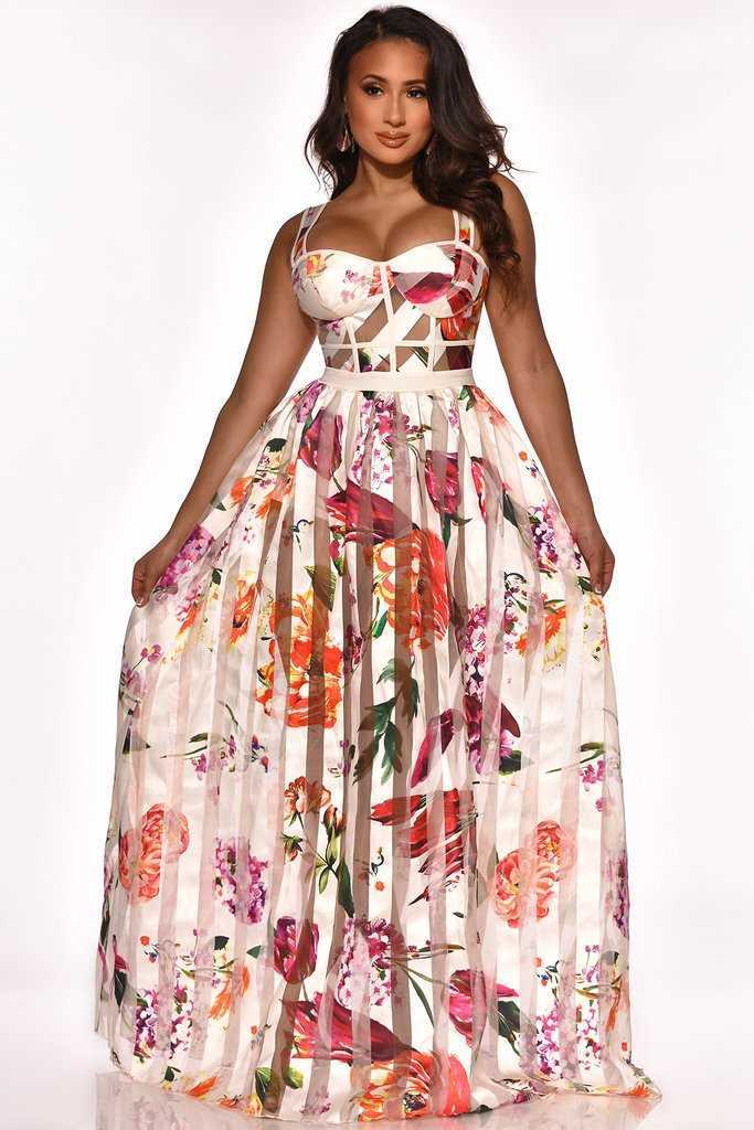 Women Spaghetti Strap Floral Printed Elegant Maxi Dress 210702