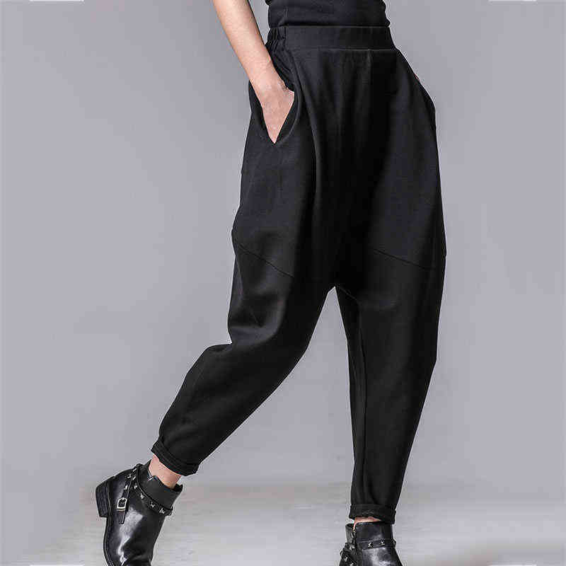XITAO Plus Size Women Autumn Winter Pants Personality Elastic Waist Black Harem Casual Spliced Trousers XWW3091 211115