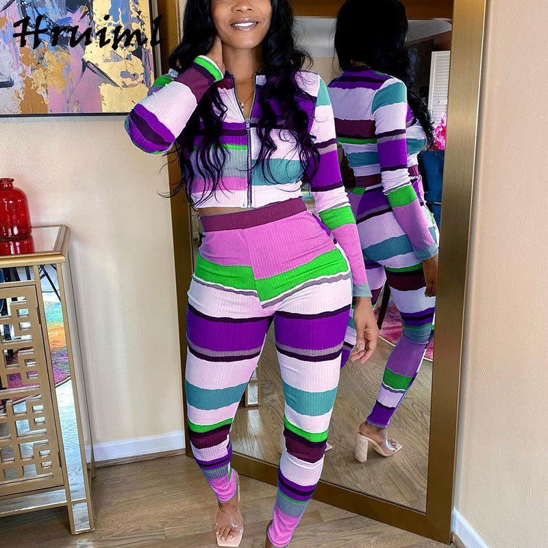 2 Piece Sets Womens Outfits Striped Colorful Casual Fashion Arrival Tracksuit Women Zipper Elastic Waist Conjuntos De Mujer 210513