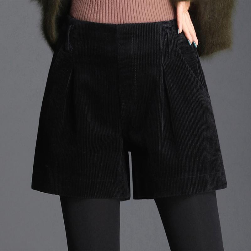 Korean Fashion Womens Female Elastic High Waist Black Wide Leg Corduroy Shorts , 2021 Winter Fall Casual For Women Women's