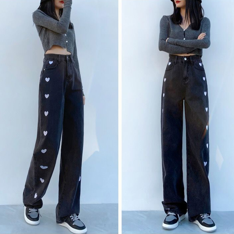 Women's wide leg Jeans Fashion embroidery love pants High waist stright female Spring Summer Long trousers jeans 210524