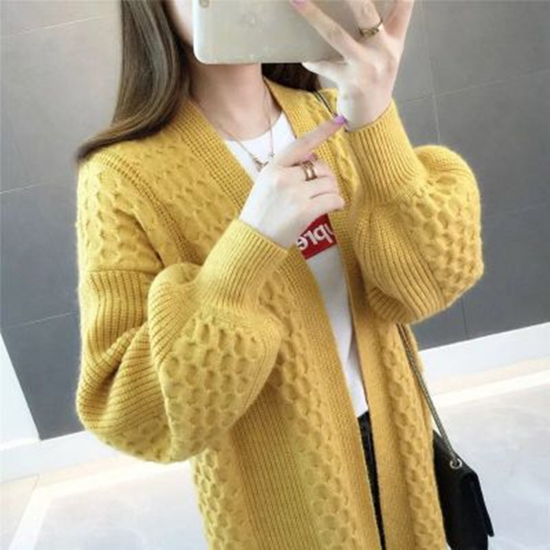Puff Sleeve Loose Knitted Sweater Fall Women Cardigan V-neck Jacket Coat Clothes Female Casaul Knitwear Tops 10879 210506