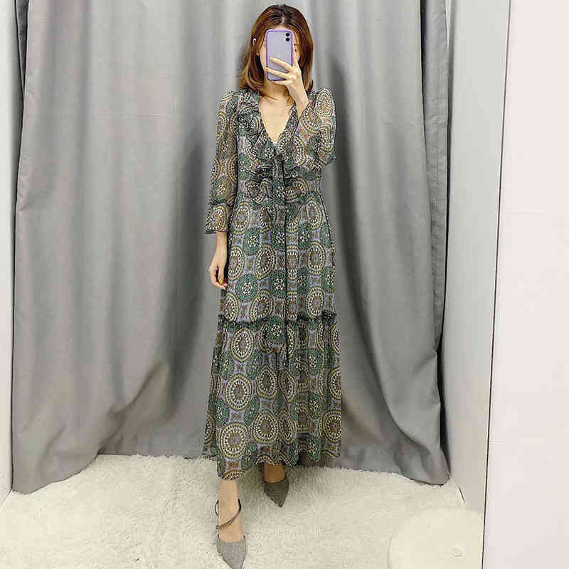 Vintage Floral Print Chiffon Long Dress Women V Neck Elegant Ruffle Party Three Quarter Sleeve Ladies Casual Midi es 210515