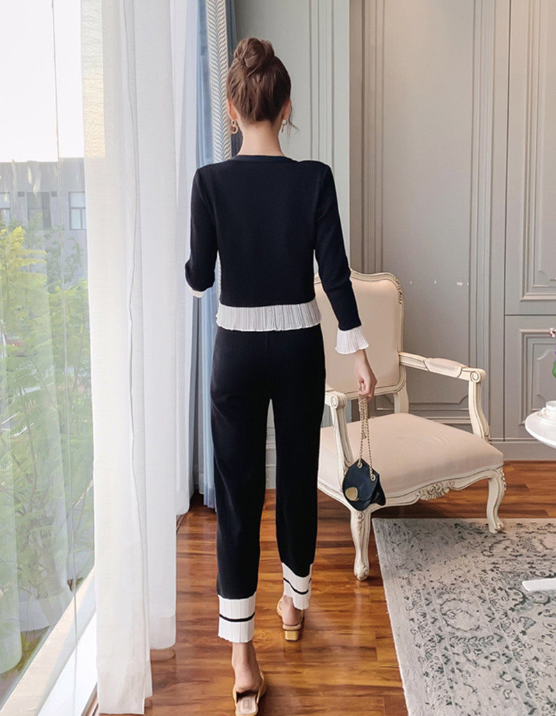 Comelsexy Autumn Women Single Breasted Chiffon Patchwork Knit Cardigan+Elastic Waist Wide Leg Pants 2PCS Sets 210515