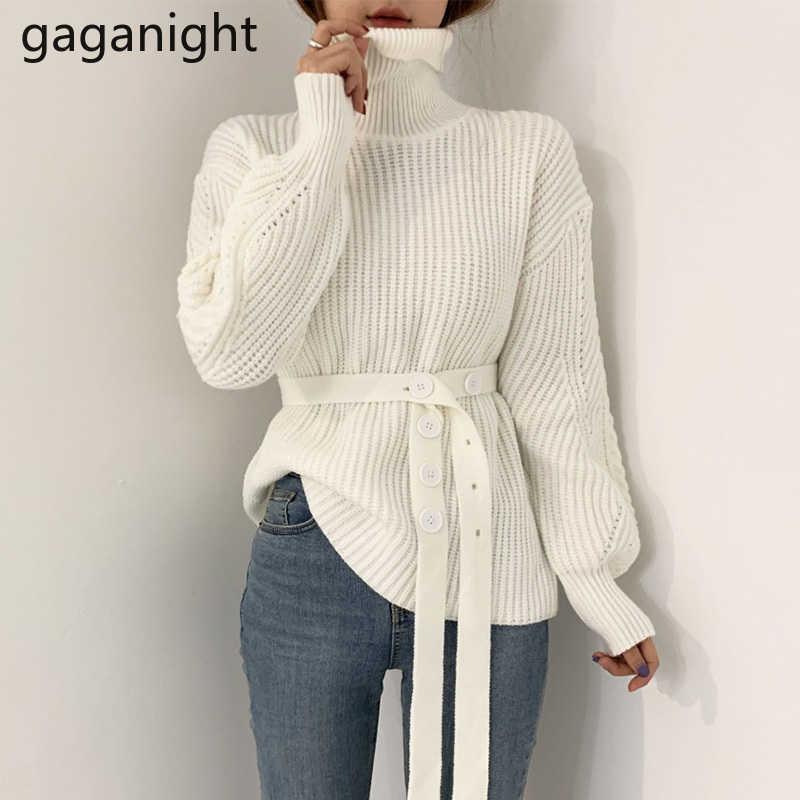 Chic Button Lace Up Women Sweater Autumn Winter Turtleneck Pullovers Korean Thick Warm Loose Sweaters Knited Tops 210601