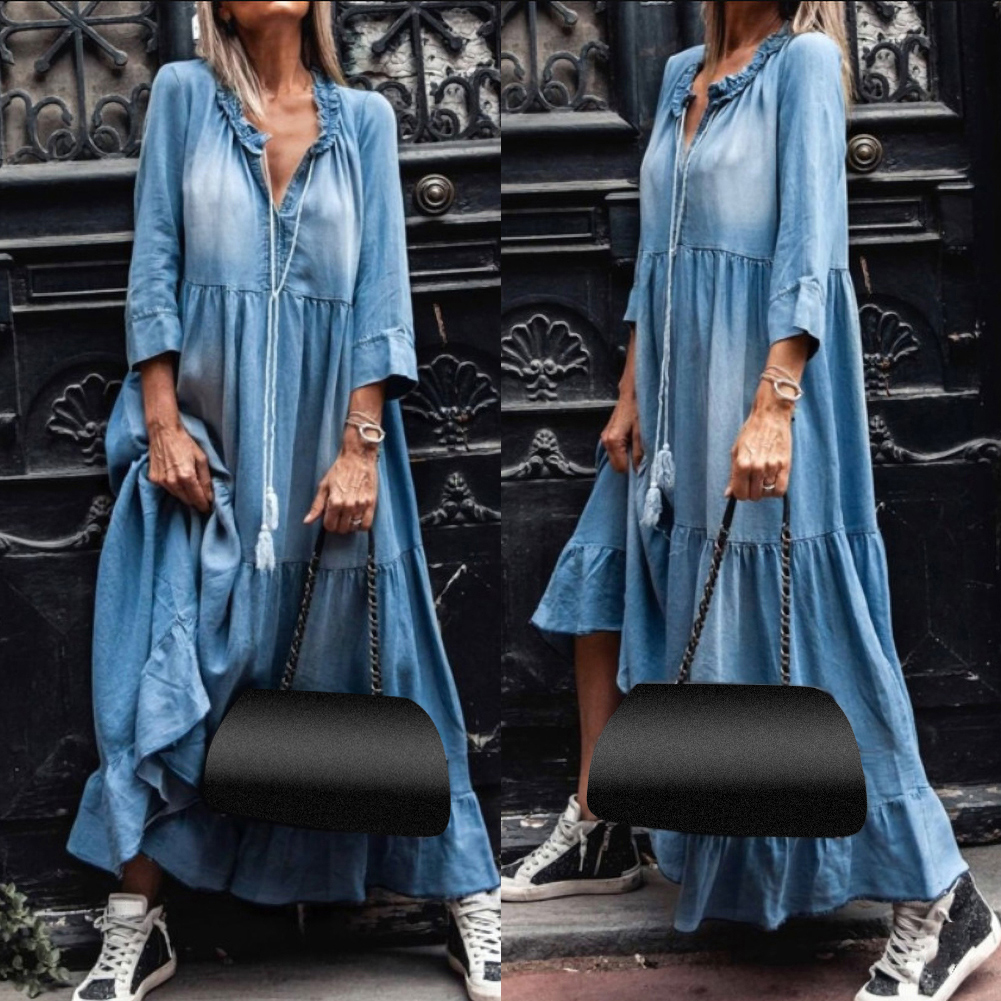 Plus size long dresses apparel autumn Vintage Dress Women Lace V Neck 3/4 Sleeve Large Hem Tassel Loose Maxi Denim Dress, As show
Plus size long dresses apparel autumn Vintage Dress Women Lace V Neck 3/4 Sleeve Large Hem Tassel Loose Maxi Denim Dress, As show