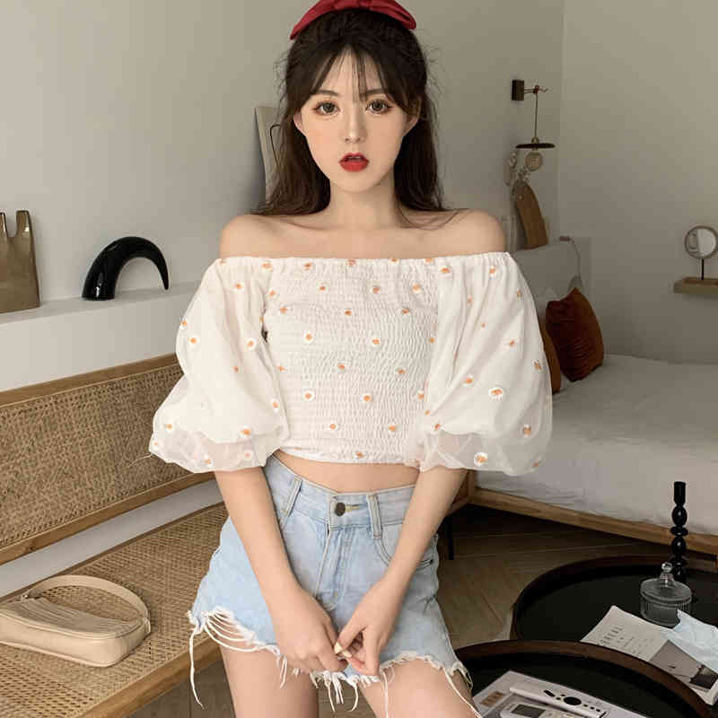 Summer Tops and Blouse Daisy Sexy Off Shoulder Lantern Sleeve Chiffon Women White Black Chemisier Femme 9933 210427