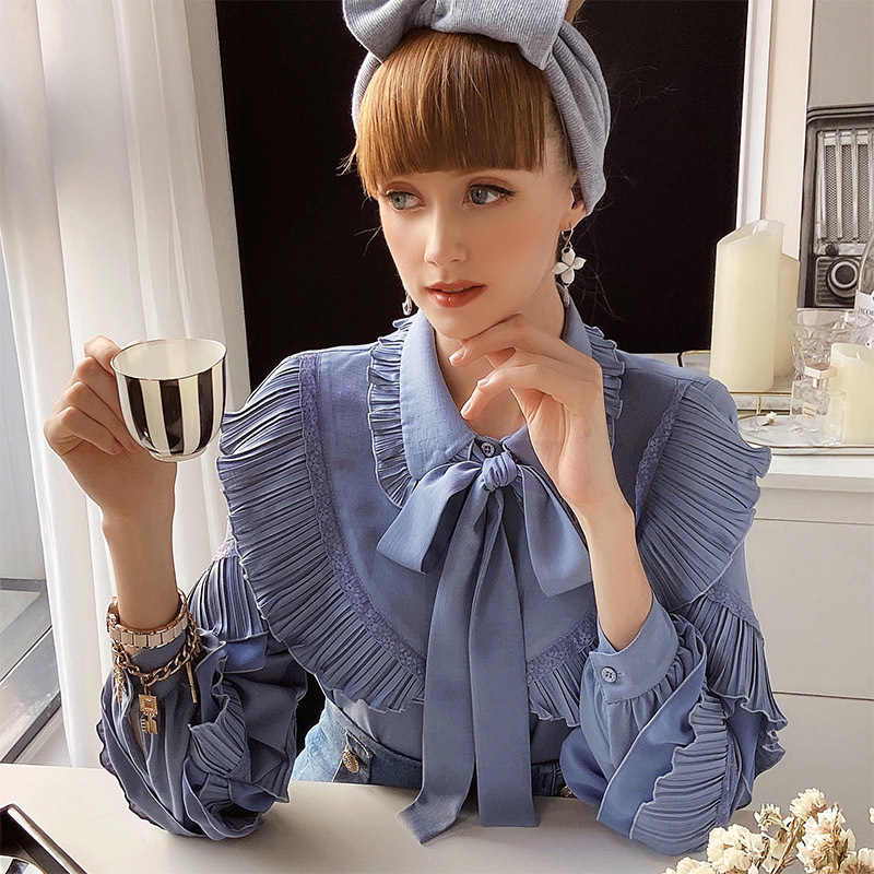 Dabuwawa Casual Solid Ruffle Sleeve Women Blouse Shirt Spring Bow Neck Blouses Shirt Elegant Work Wear Female Tops DO1AST016 210520