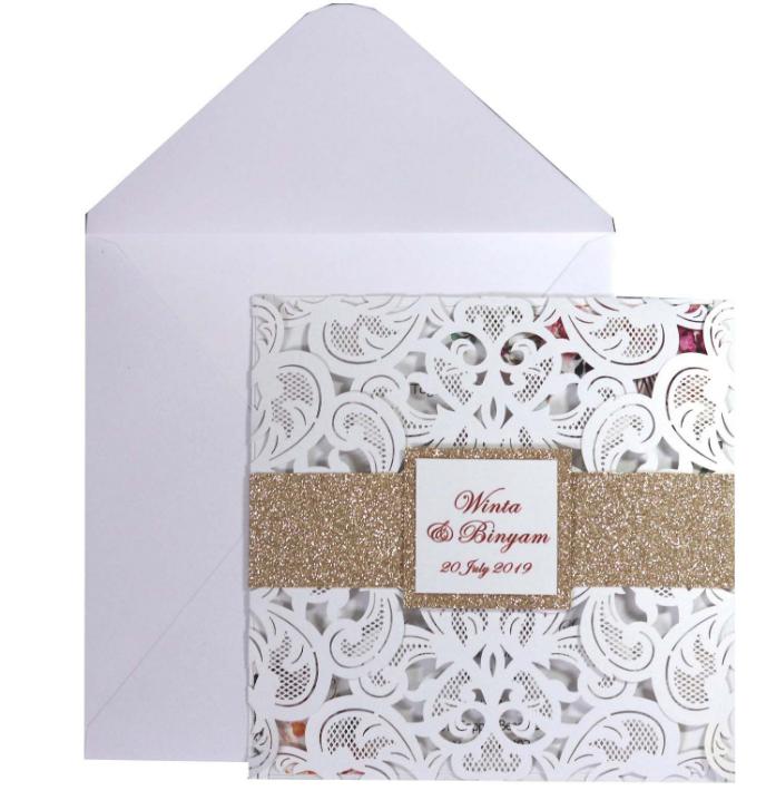 2021 Ivory Rose Glitter Wedding Invitations Elegant Laser Cut Party Invitation Cards Evening Dinner Invites with Envelope & Small Tags