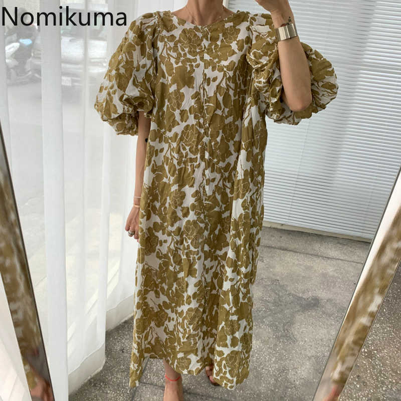 Nomikuma Summer Robe Femme O Neck Puff Sleeve Dress Women Casual Loose Floral Printed Dresses Female Korean Vintage Vestidos 210630