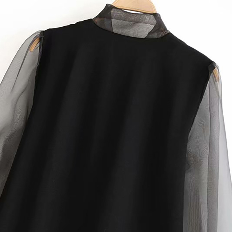 Women Fashion Solid Mini Dress Bow Tie Collar Transparent Black Girl Summer Long Sleeve Casual Sundresses Ropa Mujer 210515