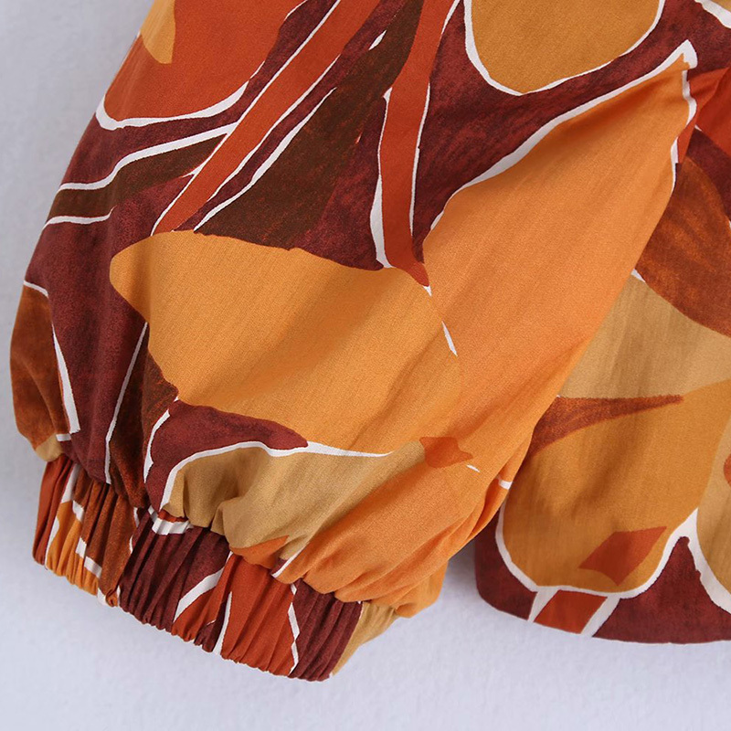 Women Tropical Floral Print Short Blouse Female Puff Sleeve Elastic Slim Shirts Buckle Blusas Chic Boho Crop Tops 210521