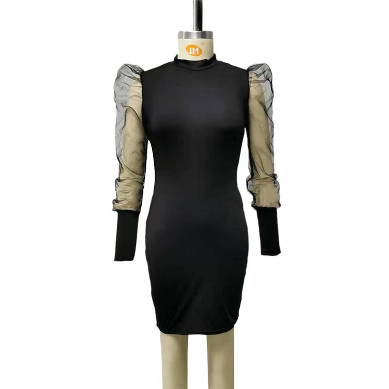 Trendy Women Dress Transparent Long Puff Sleeve Round Neck Bodycon Slim Party Polyester Knitted Sexy MIni Dresses One Pieces Casual