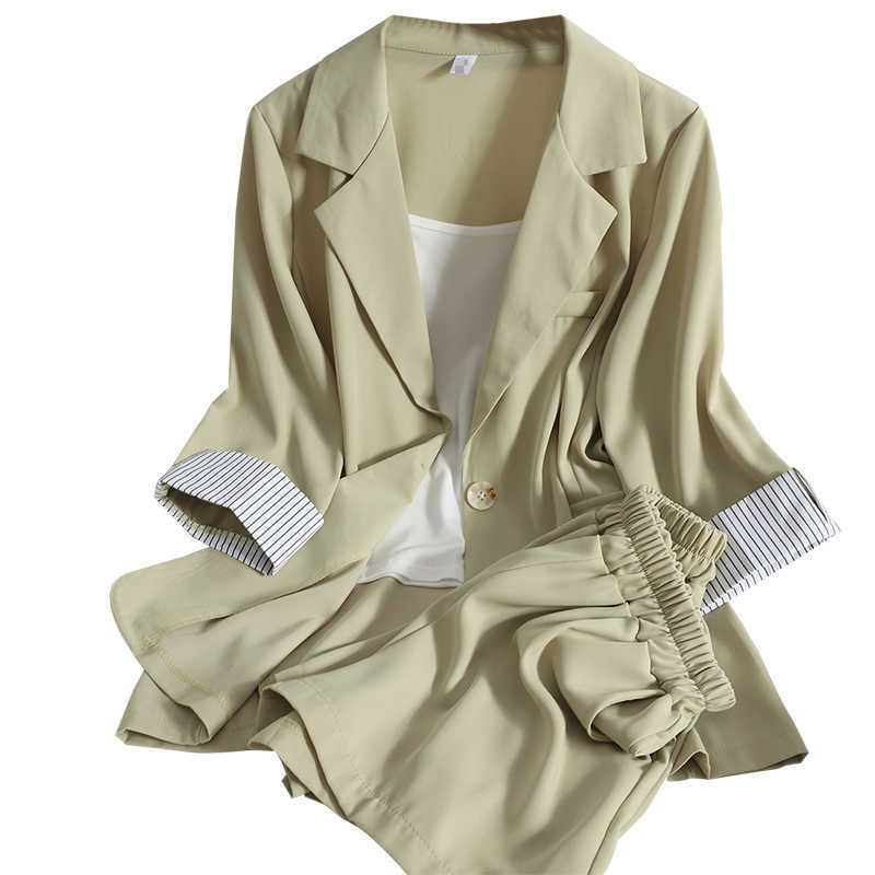 DEAT Summer Fashion Cardigan Roll Sleeve Striped Suit Jacket + Straight Shorts Suspender Three Piece Women's SK050 210709