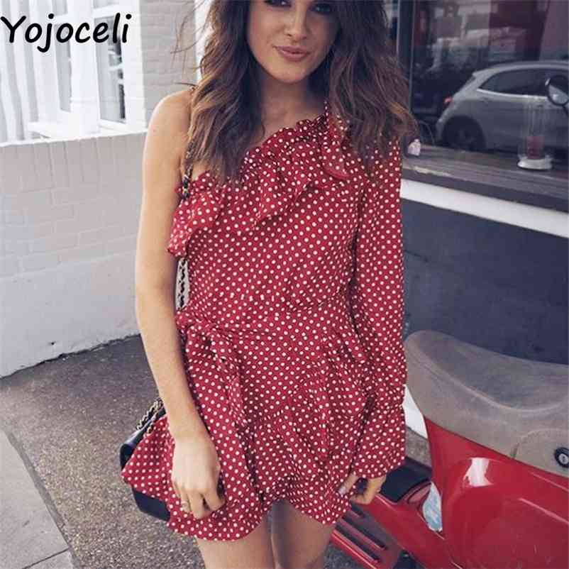 Yojoceli Elegant ruffle bow short dres Spring one shoulder polka dot female Beach cute sexy vestidos 210609
