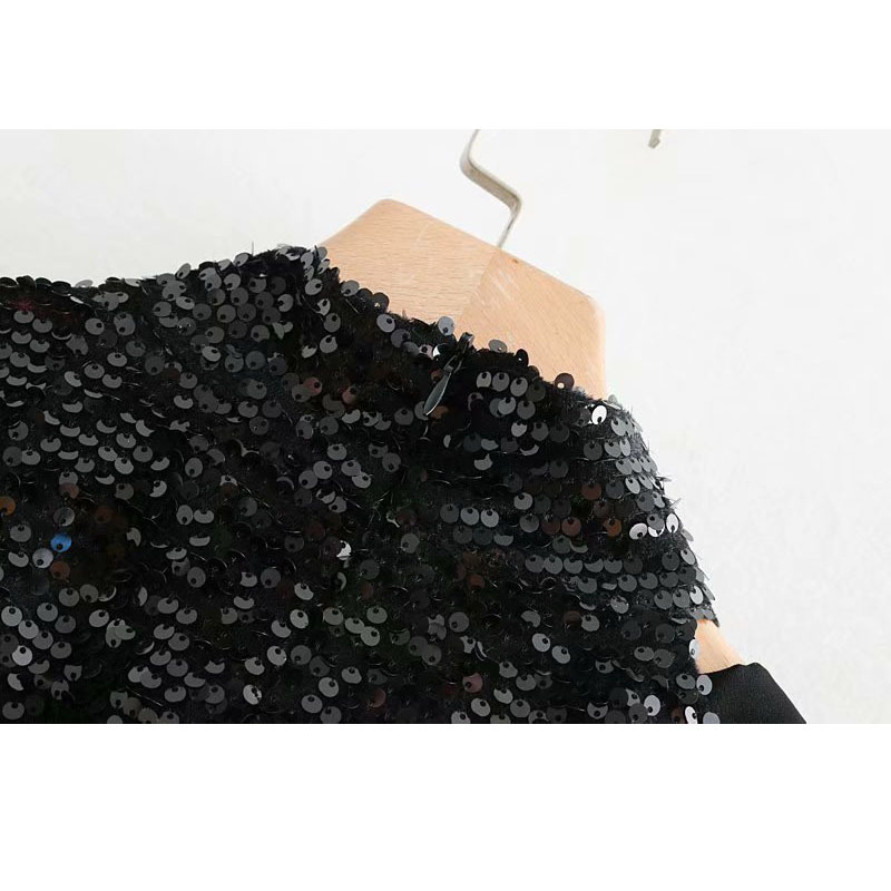 Autumn Women's Black Sequined Stand Collar Personality Long Sleeve Off Shoulder Top Black shiny t-shirt 210507