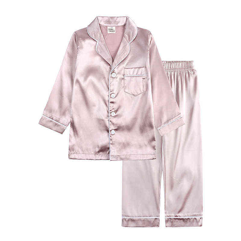 1-12 Years Children's pajamas set Kids Clothes Boys Girls Ice silk Solid color Tops Pants Set home Wear Baby suit 211130