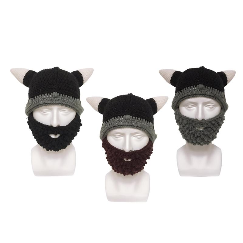 

Berets Creative Beard Bull Horn Hat W/ Mustache Removable Handmade For Street Shooting 101A, Black
