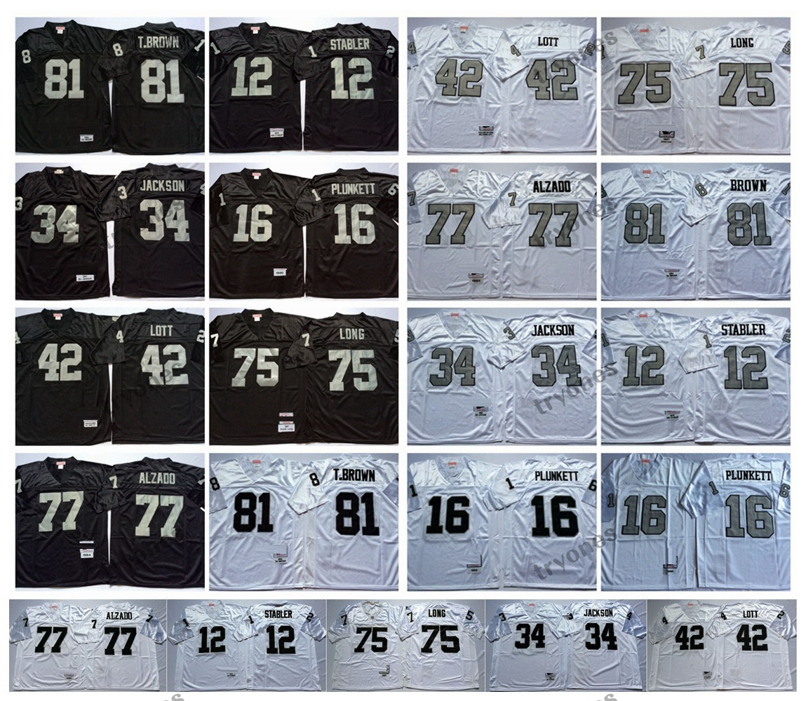 Vintage 12 Ken Stabler 16 Jim Plunkett 34 Bo Jackson Football Jerseys 42 Ronnie Lott 75 Howie Long 77 Lyle Alzado 81 Tim Brown Jersey Stitched Shirts Embroidery Mens, Black
Vintage 12 Ken Stabler 16 Jim Plunkett 34 Bo Jackson Football Jerseys 42 Ronnie Lott 75 Howie Long 77 Lyle Alzado 81 Tim Brown Jersey Stitched Shirts Embroidery Mens, Black