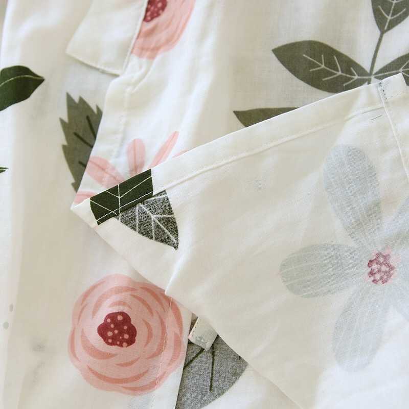 Rose Printed Ladies Kimono Style Pajamas Set Loose Thin V-Neck Three-Quarter Sleeves Gauze Cotton 2Pcs Sleepwear Loose Homewear 210924