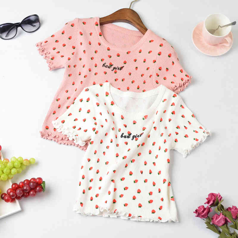 Women Strawberry Printed T-shirts Knittd Tees Cute Crop Ruffles Hem Tops For Letter"bad girl" Summer 210518, Blue
Women Strawberry Printed T-shirts Knittd Tees Cute Crop Ruffles Hem Tops For Letter"bad girl" Summer 210518, Blue