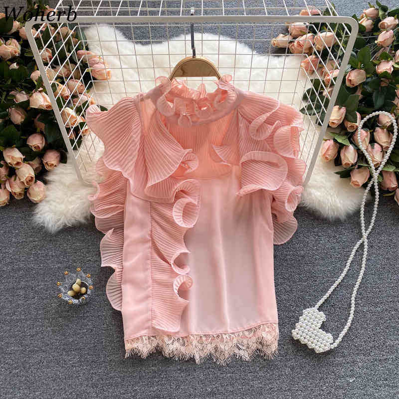 Summer Ruffle Pleated Blouse Women Casual Stand Collar Shirt Chic Elegant Solid Color Top Fashion Blusas 210519