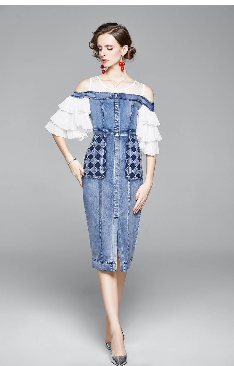 2021 summer women's dress round neck strapless lotus leaf sleeve contrast color stitching denim dresses Europe and America, Blue
2021 summer women's dress round neck strapless lotus leaf sleeve contrast color stitching denim dresses Europe and America, Blue