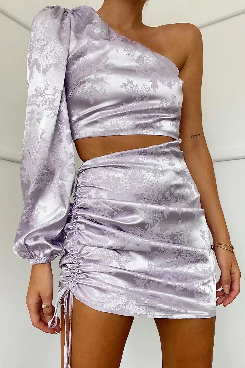 Satin Jacquard Floral Short T-shirt Crop Top Sexy Women Lacing Up Ruched Mini Skirt Single Sleeve Tops 2 Pieces Set 210429