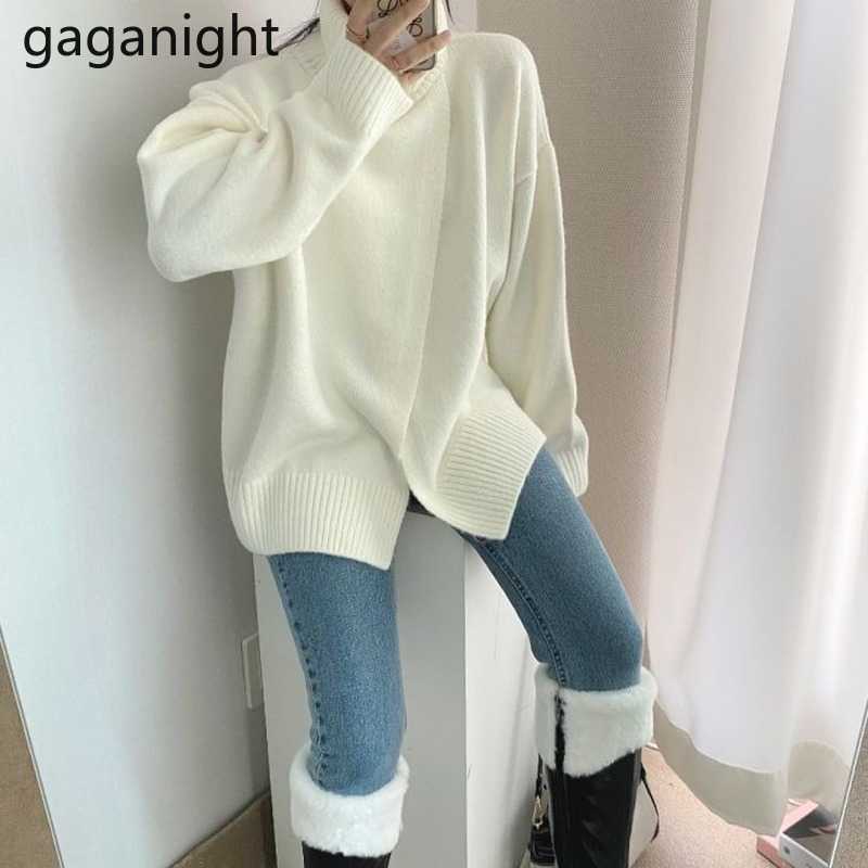 Fashion Solid Women Turtleneck Sweater Autumn Winter Warm Loose Pullovers Elegant Reversible Sweaters Split Female 210601