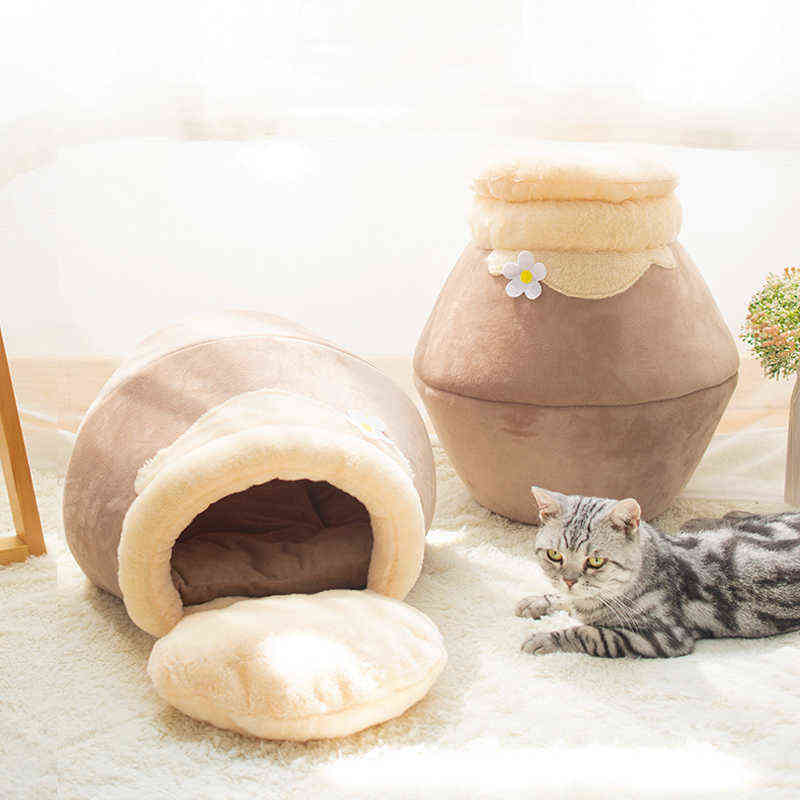 Winter Warm Cat Bed Plush Soft Portable Foldable Round Cute House Cave Sleeping Bag Cushion Pet Kittens Products Toy 211111