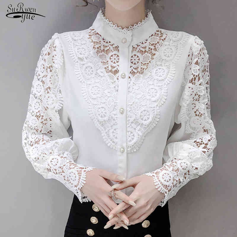 Spring Chic Hollow Flower Buttons Ladies Top Women Korean Lace Stitching Shirt Sweet Stand Collar Long Sleeve Blouse 12948 210521, White
Spring Chic Hollow Flower Buttons Ladies Top Women Korean Lace Stitching Shirt Sweet Stand Collar Long Sleeve Blouse 12948 210521, White