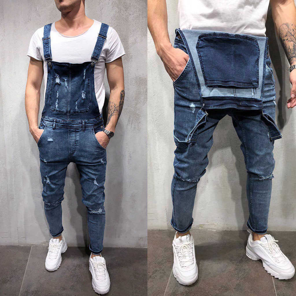 2021 High Quality Men's British Style Denim Bib Pants Full Length Jumpsuits Hip Hop Ripped Jeans Overalls for Men Streetwear X0621