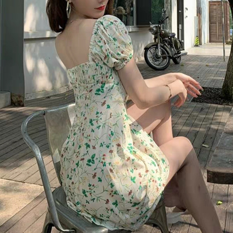 beauty Women Summer Pleated Floral Mini Dress Woman Fresh Elegant Casual Holiday Square Collar 210514