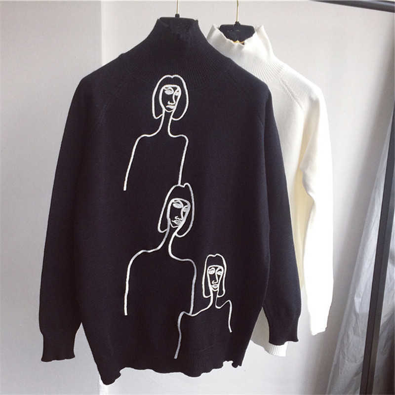 Korobov Korean Women Sweaters Cartoon Embroidery Female Jumper Long Sleeve Pullover Turtleneck Mujer Sueter 76271 210812