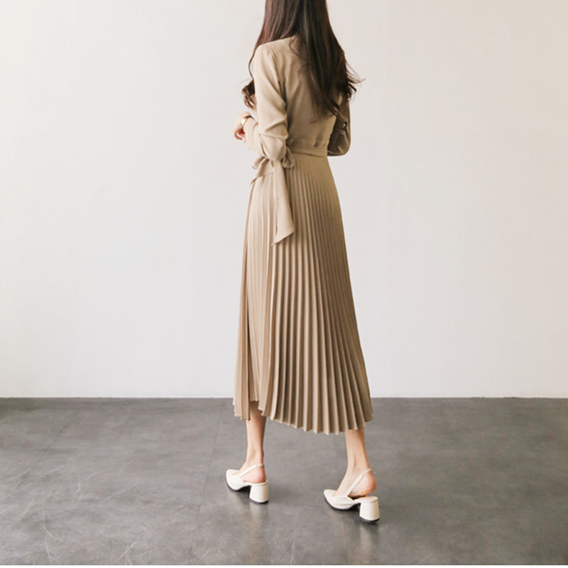 Elegant Pleated Dress Suit Collar Chiffon es Office Lady Women Autumn Korean Loose Midi High Waist with Belt 12922 210506