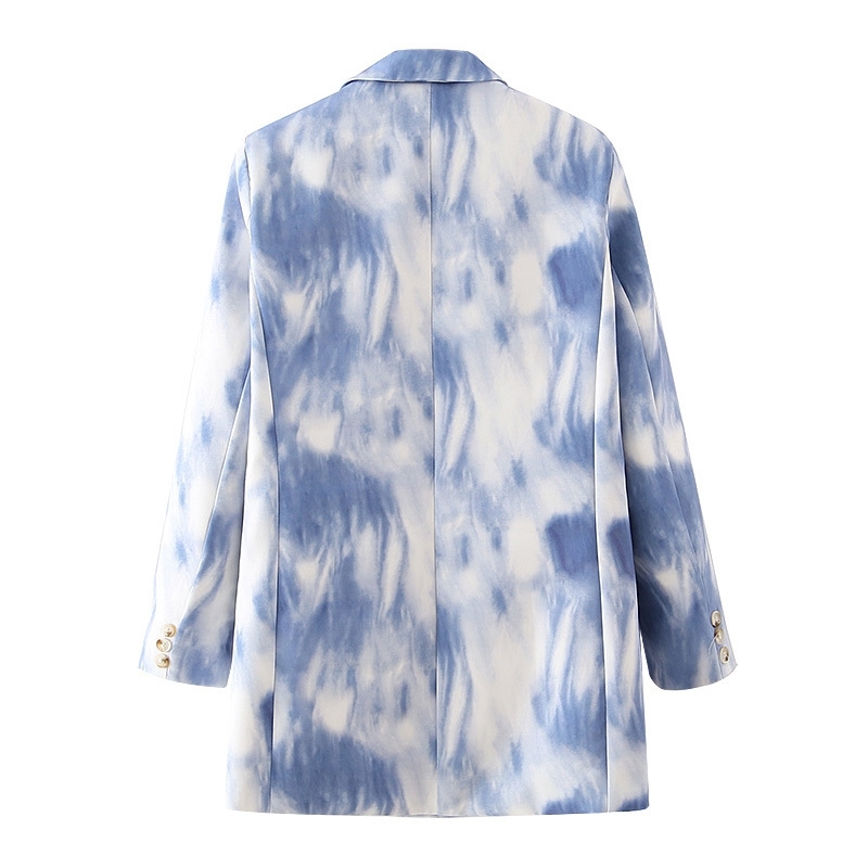 fashion women blue print blazer office ladies double breasted jackets casual female pocket suits girls chic sets 210430