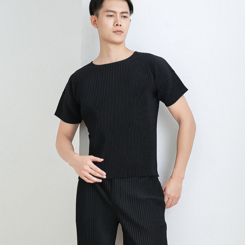 IEFB / men's wear fashion personality pleated t-shirts for male round neck short sleeve tee tops strech 9Y3844 JK020 210524
