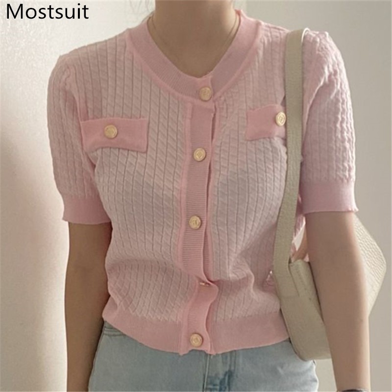 Vintage Korean Knitted Cardigan Tops Women Summer Short Sleeve Single-breasted O-neck Buttons Sweater Elegant Sweet Jumpers 210514