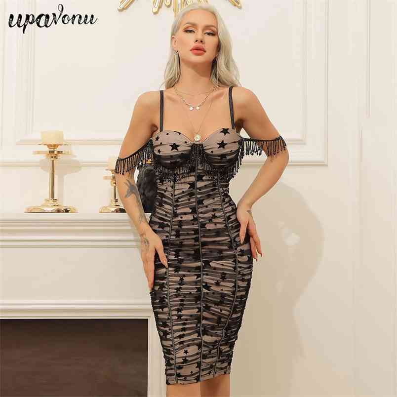 Free Women Five-pointed Star Mesh Draping Bandage Dress Sexy Spaghetti Strap Bodycon Club Party Tassel Vestido 210524