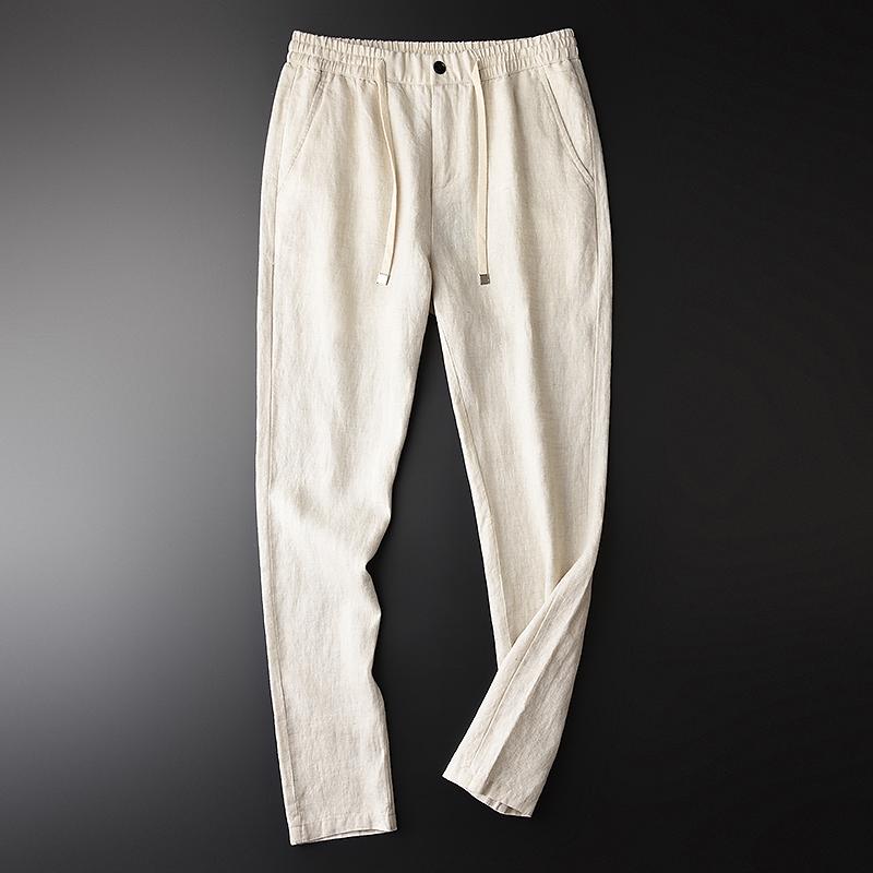 Linen Luxury 100% Breathable Drawstring Casual Male Pants Plus Size 4xl Elastic Waist Slim Fit Mens Trousers Men's