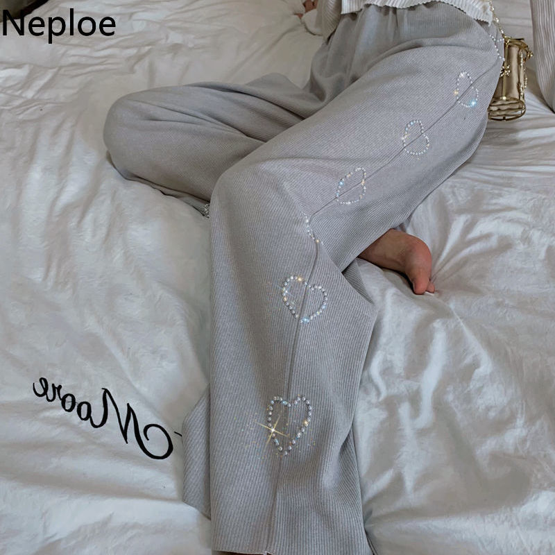 Neploe Fashion Wide Leg Pants Women Harajuku Love Beading Trousers High Waist Loose Pantalon Streetwear Casual Sweatpants 210422