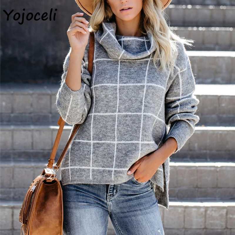 Yojoceli comfy knit sweater women turtleneck plaid jumper pullover tops casual autumn winter 210609