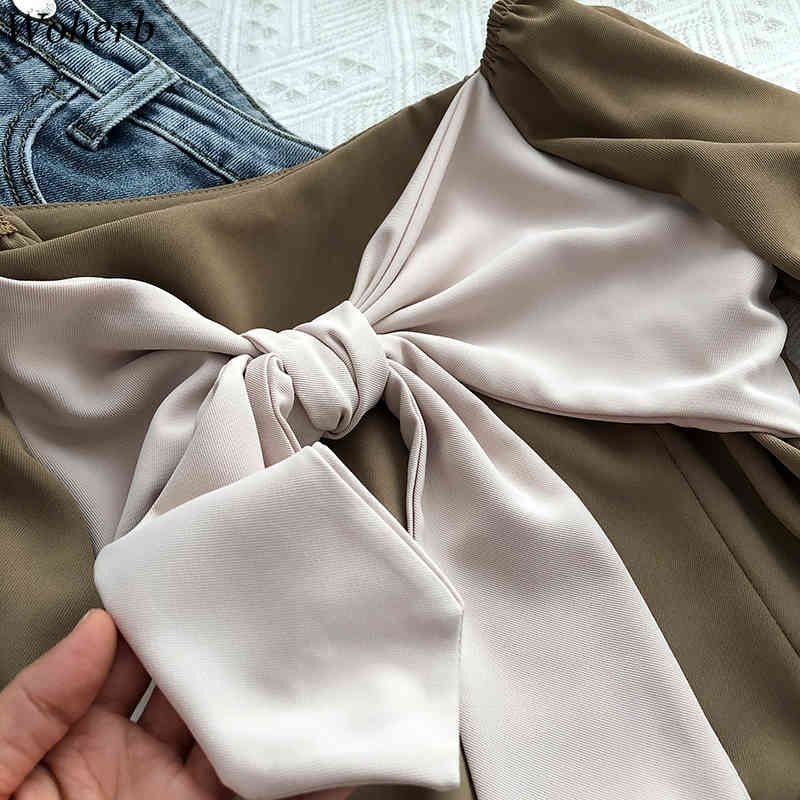 Sweet Bow Bandage Shirt Korean Women Square Collar Blouse Summer Puff Sleeve Crop Top Fashion Short Blusas Mujer 210519