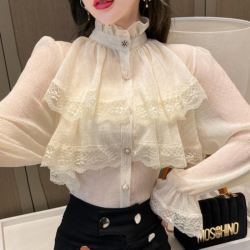 Women' Blouses & Shirts Blouse Women Ruffles Stand Neck Elegant Shirt Loose Flare Sleeve Heavy Lace Patchwork See Through Chic Tops Femme 6, White
Women' Blouses & Shirts Blouse Women Ruffles Stand Neck Elegant Shirt Loose Flare Sleeve Heavy Lace Patchwork See Through Chic Tops Femme 6, White