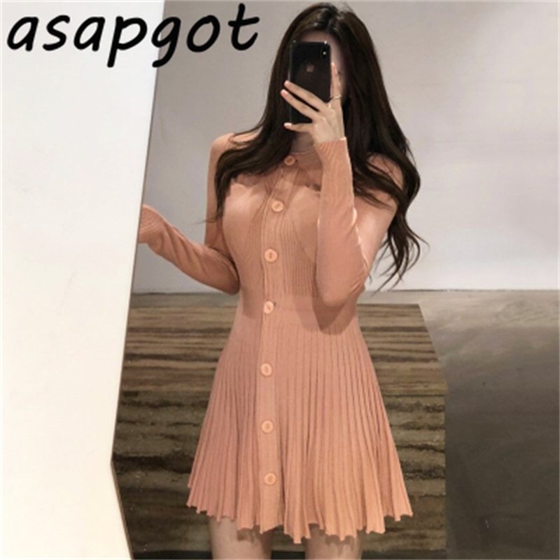 Round Neck Single Breasted Slim Pleated High Waist Temperament Knitted Dress Women Mini Korean Chic Autumn Sweater Vestidos 210429