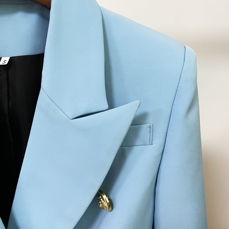 Classic Style Top Quality Original Design Women's Double-Breasted Blazer Baby Blue Slim Jacket Metal Buckles Blazers Composite Suit Fabric Coat O
