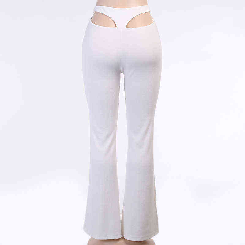 Elegant Cotton Knitted Flared Pants Women Sexy White Black Hollow Out High Waist Long Trousers Ladies Casual Pantalon Hiver 211115